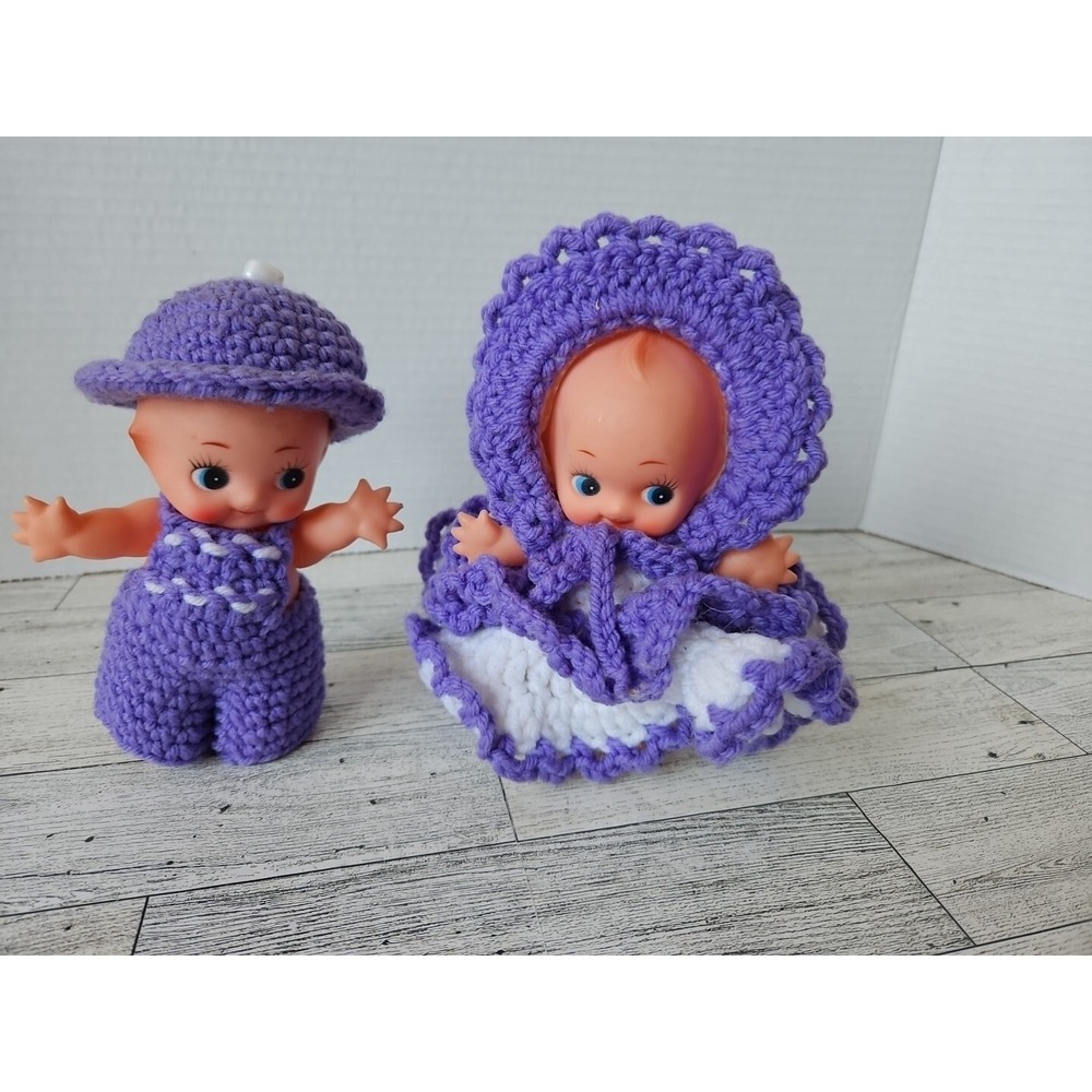 KEWPIE Boy Girl Soft Vinyl Doll Set Of 2 Vtg Cupie Purple White Crocheted Outfit